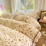 elvesmall Floral Print Pure Cotton Home Bedding Set Lace Edge Duvet Cover Set With Flat Sheet Vintage Rose Comforter Covers Pillowcases