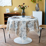 elvesmall  Retro Chinese Peony Printed Cotton Linen Table Cover with Tassels for Home Decoration Korean Rectangular Tablecloths Restaurant