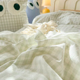 elvesmall INS Grid Duvet Cover Set with Bedsheet Pillowcase Lattice Stripe Quilt Cover Washed Cotton Beddings Adults Kids Bed Linens