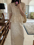 srczz  -  Chic Slim Hollow Out Blouses Women Florals Summer 2024 Sets Office Lady High Waist Work Wear Long Skirts Suits