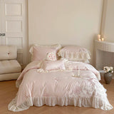 elvesmall  Luxury Princess Wedding Bedding Set 1000TC Egyptian Cotton Flowers Embroidery Lace Ruffles Duvet Cover Set Bed Sheet Pillowcases