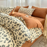 elvesmall Duvet Cover Simple Plant Flower Bed Sheet for Adults and Kids Washed Cotton Floral Pillowcase Home Textiles Four-Piece Bed Set