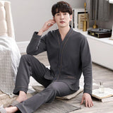 elvesmall  Men Pajamas Suit Long sleeved Pure Cotton Simple Casual Cardigan V-neck Homewear Set All Plus Size Breathable Autumn Sleepwear