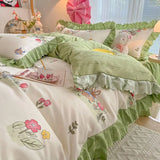 elvesmall Fashion Lattice Bedding Set Bed Sheet Cute Princess AB Double Sided Ruffle Flower Quilt Cover Pillowcase Bedclothes Home Textile