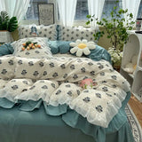 elvesmall Romantic French Flowers Lace Ruffles Bedding Set Washed Cotton Duvet Cover Bed Flat Sheet Pillowcases Girls Couple Bed Linens
