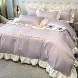 elvesmall Flower Embroidery Lace Ruffles Bedding Set Skin-friendly Washed Cotton Princess Style Wedding Duvet Cover Bed Sheet Pillowcases