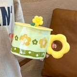 elvesmall  -  Ceramic Mug with Lid Handle, Cartoon Flower, Office, Home, Water Cup, Simple, Cute Couple, Breakfast Milk Coffee Cup Ins Fashion