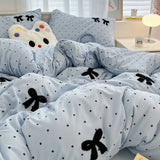 elvesmall Ins Style Girl Blue 1.5m/1.8m Fitted Sheet Bow Towel Bedding Set Embroidery Washed Cotton Four-piece Set Bed Sheet Three-piece