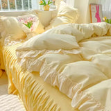elvesmall  Princess Korean Style Bedding Set Aesthetic Queen Full King Size Solid Color Double Bed Bedspread Sheets Ruffled Duvet Cover Set