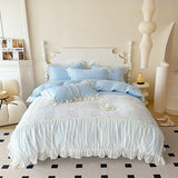 elvesmall Korean Princess Bedding Set Hollow Lace Patchwork Solid Color Lace Ruffle Duver Cover Set Luxury Girls Wedding Home Textiles