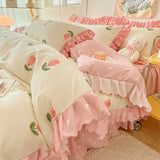 elvesmall Fashion Lattice Bedding Set Bed Sheet Cute Princess AB Double Sided Ruffle Flower Quilt Cover Pillowcase Bedclothes Home Textile