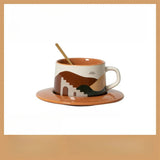 elvesmall  -  Korean Style Vintage Ceramic Coffee Cup and Saucer Set, Heat Resistant with Spoon, Household Breakfast Milk Mug