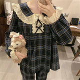 elvesmall Plaid Sleepwear Women Pajama Sets Korean Pants Sets 2 Pieces Lace Piiama Style Full Sleeve Spring Night Wears Bow Home Suit