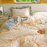 elvesmall  Princess Seersucker Kawaii Bedding Set Lovely Ruffles Girl Duvet Cover Set Solid Color Soft Comfortable Bed Sets