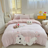 elvesmall  Cute Cartoon Bear Soft Comfortable Velvet Fleece Towel Embroidery Bedding Set Duvet Cover Linen Fitted Sheet Pillowcases