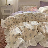 elvesmall Ins Korean Small Fresh Cotton Bed Four-piece Set, Spring and Summer French Lotus Leaf Lace Bed Sheet Quilt Cover Pure Cotton
