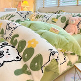 elvesmall  Winter Thickened Warm Flannel Queen Bedding Set Home Textile Cartoon Cute Duvet Cover Sheet Pillowcase 4pcs Luxury Bed Linen Set
