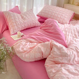 elvesmall Duvet Set Korean Princess Pink Seersucker Bedding Kawaii  Duvet Cover Solid Color Queen Size Double Sheets Sets For Girls