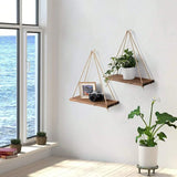 elvesmall 1PC Wooden Swing Hanging Hemp Rope Wall Shelve Mounted Floating Home Living Room Plant Flower Pot Tray Storage Garden Decoration