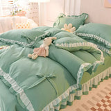 elvesmall Green Bedding Sets Kawaii Seersucker Bed Sheet Pillowcase Fashion Girl Princess Duvet Cover 4 Pieces Cute Home Decoration