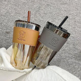 elvesmall  -  350/450ml Coffee Straw Cup With Lid Heat-Resistant Water Bottle Beer Drinkware Coffee Mug With Straw Deer Printed Leather Glass