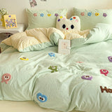elvesmall 3pcs Kawaii Little Solid Color Monster Bedding Set Korean Washed Cotton Pillowcase Twin Full Duvet Cover No Filling Home Decora