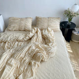 elvesmall Girls Pleat Cotton Bedding Set Solid Bed Linen King Queen Twin Double Size Duvet Cover Sets
