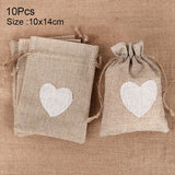 elvesmall 10Pcs Natural Linen Burlap Bag Heart Jute Drawstring Candy Gifts Packaging Bags For Wedding Birthday Party Decor Jewelry Pouches