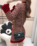 srczz  - Autumn Elegant Tweed Plaid Skirt Sets Women Sweet Chic Pearl Bow Woolen Jackets Mini Skirts Suit Korean Female Outfits