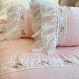 elvesmall Girls Pastel Pink Bedding Set Queen King Size Luxury Embroidery Lace Ruffle Quilt Duvet Cover Pillow Shams Double Bed Linen