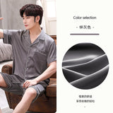 elvesmall  Summer Men's Pajamas Suit Short Sleeve Ice Silk Sleepwear Set Thin Loose Satin Solid Two Piece Home Night Clothing Male Teen
