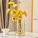 elvesmall European Golden Glass Vases Home Decoration Accessories Modern Advanced Metal Flower Vase Room Study Hallway Home Wedding Decor