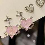 elvesmall 6pcs/set Women Silver Color Y2K Pink Crystal Heart Stud Earring Korean Trendy Punk Sweet Cool Bow Star Earring Aesthetic Jewelry