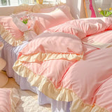 elvesmall Korean Princess Style Bedding Ins Solid Color Duvet Cover Sets With Pillowcae Girls Ruffle Lace Home Textiles Decor Bedroom