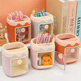 elvesmall Piggy Drawer Pen Holder Girl Heart Student Multifunctional Storage Office Stationery Rreative  Cartoon Multi Grid Cute