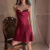 elvesmall  Sleepwear Women's Satin Nightgown with Deep V Neck Sexy Lace Lingerie For Women