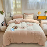 elvesmall  Cute Cartoon Bear Soft Comfortable Velvet Fleece Towel Embroidery Bedding Set Duvet Cover Linen Fitted Sheet Pillowcases