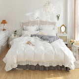 elvesmall Lace Ruffles Bedding Set White and Gray Color Bedclothes for Boys/Girls Full Size Quilt Cover Sets Queen/King Bed Linen Sets