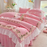 elvesmall Princess Style Korean Bed Skirt Bed Sheet Embroidered Ruffle Lace Quilt Cover Ins Bedding For Girls Luxury Home Textiles