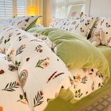 elvesmall  Winter Thickened Warm Flannel Queen Bedding Set Home Textile Cartoon Cute Duvet Cover Sheet Pillowcase 4pcs Luxury Bed Linen Set