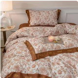 elvesmall Four-Piece Pure Cotton Satin Bedding Pastoral Light Luxury Plant Flower Printing and Dyeing Letter Lace Bed Sheet Quilt Cover