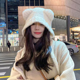 elvesmall Cute Girl Knit Ear Protection Hat Bear Women Earmuffs Cap Woolen Crochet Bonnet Solid Color Hood Beanies Winter Warm Headgear