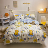 elvesmall  Kawaii Kids Bedding Set Soft Cotton Flat Fitted Sheet Duvet Cover Pillowcases Single Queen Cartoon Boy Girls Dormitory Bed Linen
