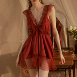 elvesmall  French Romantic Nightdress Women's Nightgown V-neck Chemise Sleepwear Lace Nightwear Soft Lingerie for Women