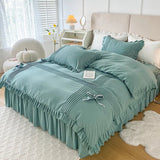 elvesmall 100% Cotton Solid Color Vintage Ruffled Duvet Cover Farmhouse Rustic Comforter Cover Geometric Stripes Bedding Set with 2 Sham