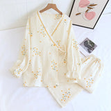 elvesmall 2024 Spring Crepe Kimono Long Sleeve Home Clothes Female Sleepwear Gauze Cotton V-Neck Home Suit Women's Pajama