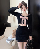 srczz  -  Sweet Hot Girl College Style Suit Women's Autumn and Winter Bow Sweater Wrap Hip Mini Skirt Two-piece Set Fashion Female Clothes