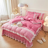 elvesmall Korean Luxury Lace Ruffles Bedding Set Skin-Friendly Washed Cotton Princess Style Duvet Cover Bed Sheet Pillowcase Home Textiles