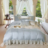 elvesmall 600TC Bamboo Lyocell Premium Elegant Sweet Bedding Set French Romance Flowers Embroidery White Lace Ruffle edge Duvet Cover 4Pcs