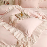 elvesmall Korean Style Princess Lace Bow Bedding Set Pink Sweet Girl Chiffon Ruffles Duvet Cover Bed Sheet Pillowcase Wedding Home Textile